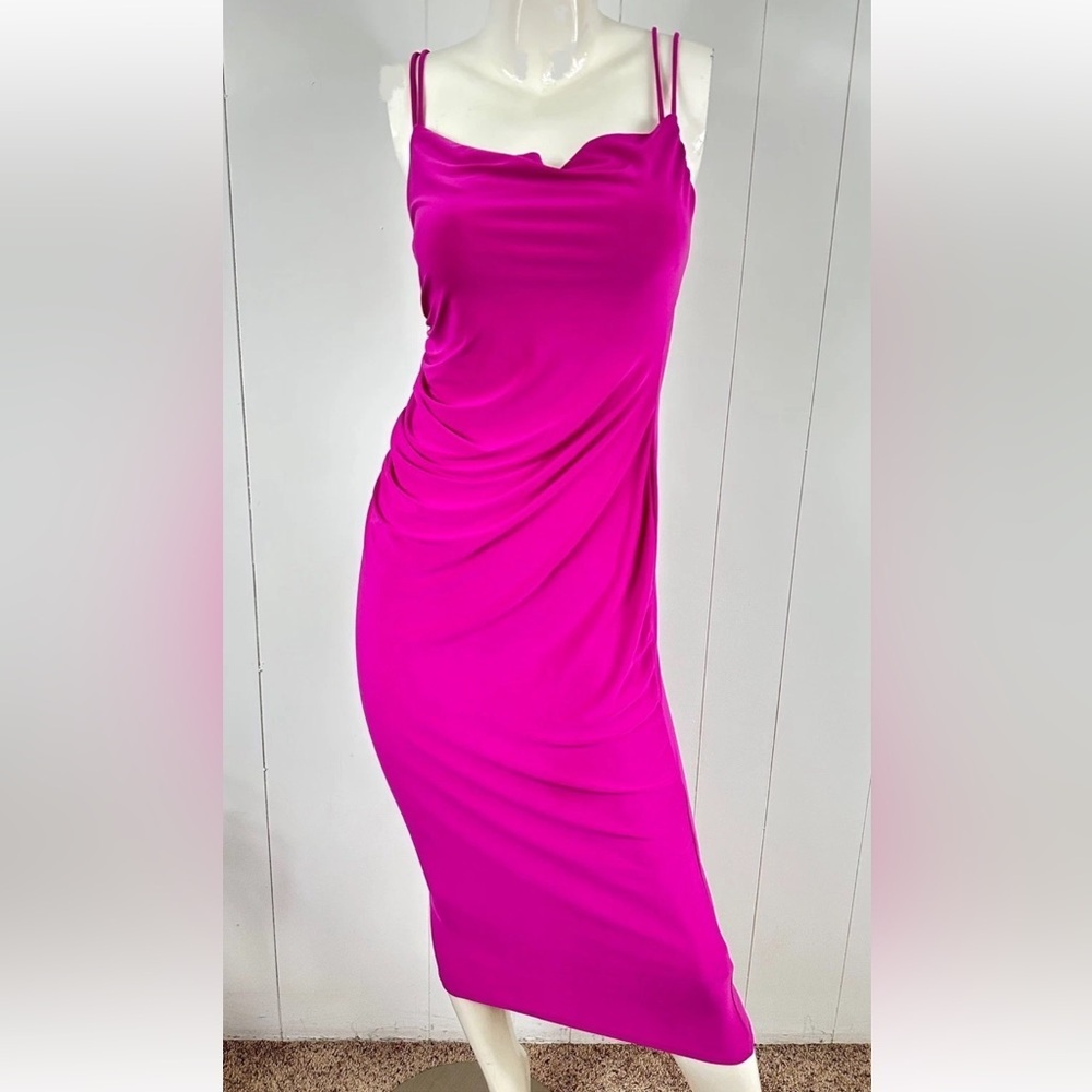 Zara Fitted Strappy Dress Womens Size Small Green Bodycon Midi Fuchsia Pink